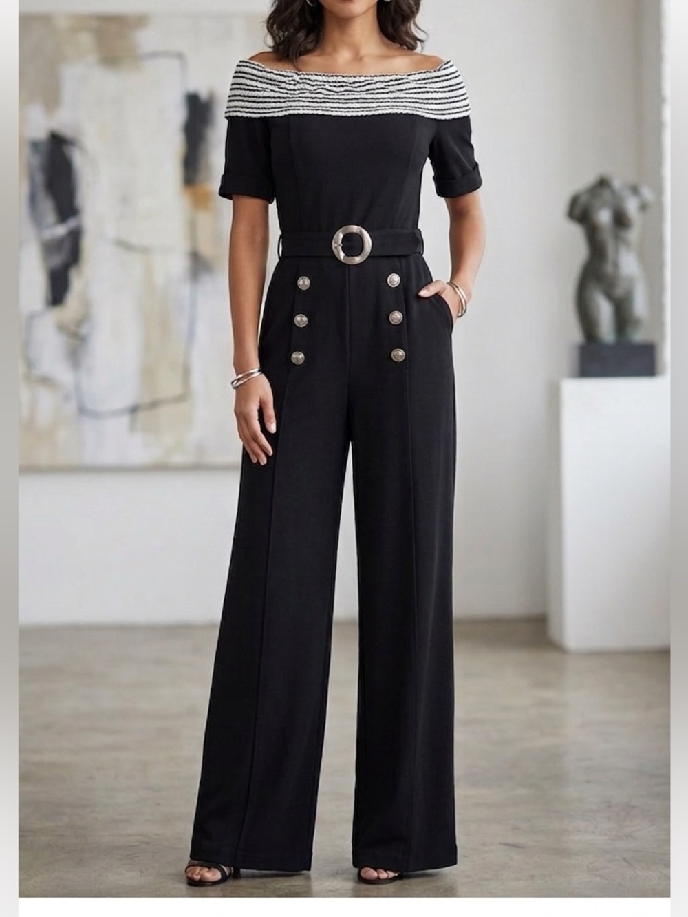 Joseph Ribkoff Wide Leg Jumpsuit 6 Nautical Off Shoulder Quiet Luxury Black - Picture 1 of 12